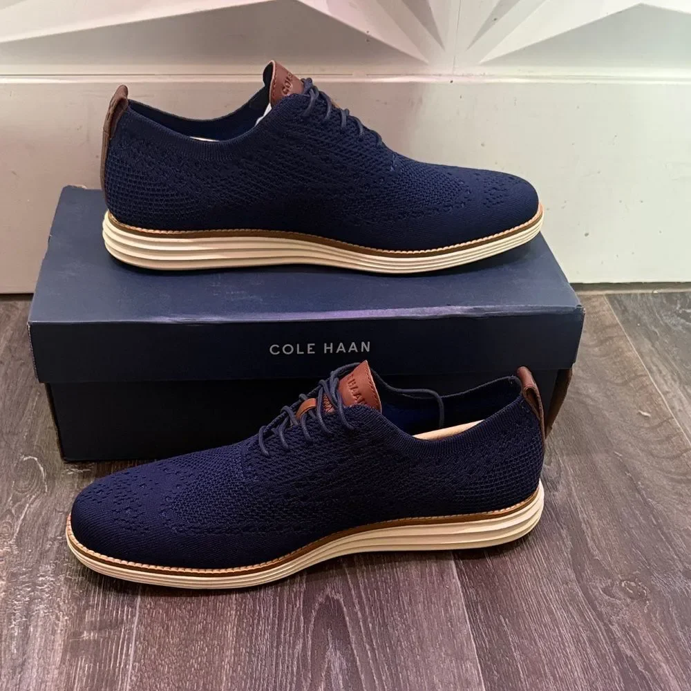 Cole Haan OG Grand Stitchlite Wing Ox 11M Navy Ivory Knit Oxford C27960